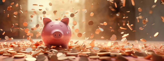  A pink piggy bank surrounded by coins evoking a sense of savings and wealth © Vivid Pixels