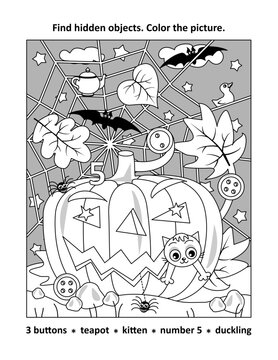 Halloween activity. Find hidden objects picture puzzle and coloring page. Pumpkin at the field in night.
