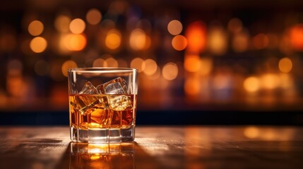 A glass of whiskey on the bar table behind the bar - obrazy, fototapety, plakaty