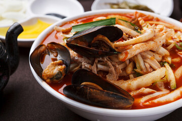 Chinese-style noodles with vegetables and seafood jjamppong 