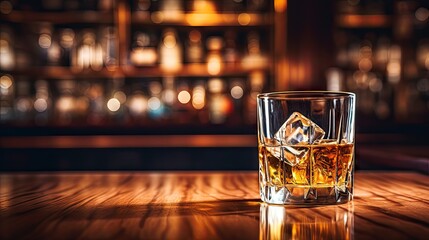 A glass of whiskey on the bar table behind the bar