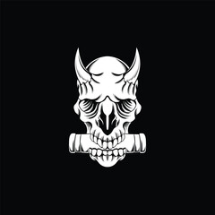 vector illustration design for t-shirts and logos, scary skull head, with ninja scrolls in the mouth