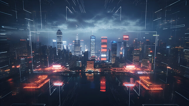 futuristic city view in night. generated by ai © Yohan
