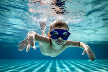 Naklejka premium Young boy with goggles swimming underwater in swimming pool