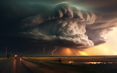 Amazing thunderstorm tornado supercell cloud on road.
