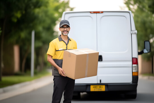 Smiling delivery man holding parcel box in front of his van