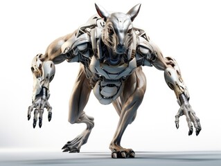 A frightening futuristic killer cyborg kangaroo full body view isolated on white