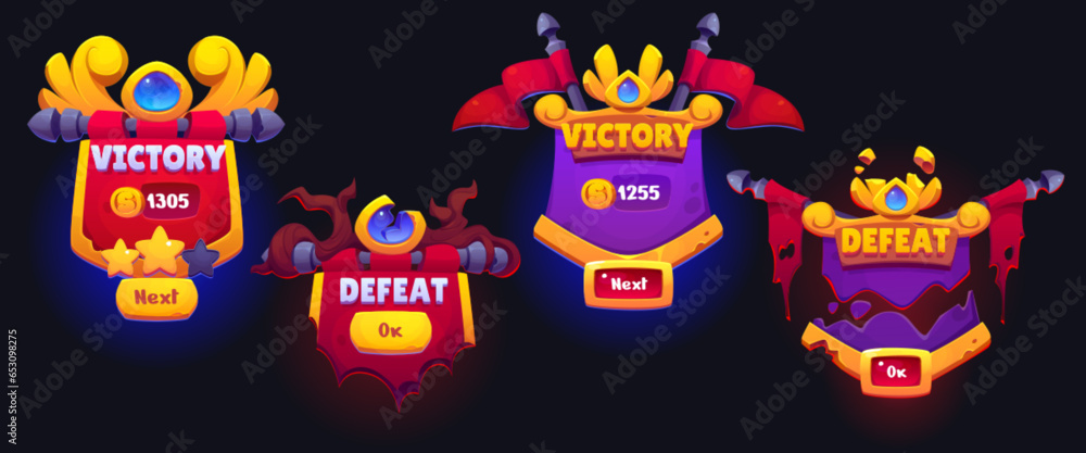 Poster game winner ui icon for victory and defeat button. gold win and lose level frame design for interfac