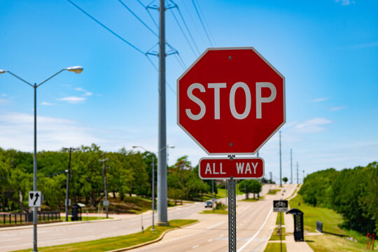 stop all way. road sign of all way stop. caution red roadsign. prohibition traffic sign on the road. attention caution road sign