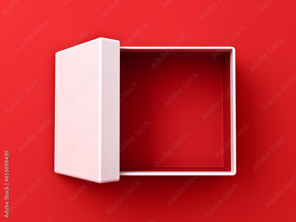 Poster Blank open white box or top view of white present box isolated on dark red background with shadow minimal conceptual 3D rendering