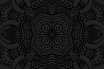 Embossed black background, cover design. Geometric ethnic floral 3D pattern, press paper, leather. Artistic mandala, boho, handmade.
Original ornaments of the East, Asia, India, Mexico, Aztec, Peru.