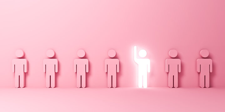 One shining man standing with raising hand amongs other people stand out from the crowd and different business creative idea concepts on pink pastel color background with shadows 3D rendering