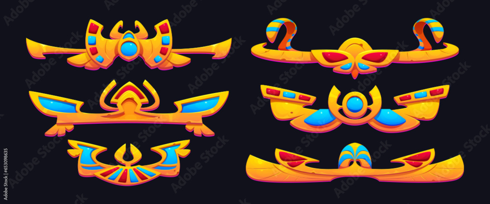 Poster egypt ui gold frame for ancient game vector set. pharaoh treasure symbol design with scarab and orna