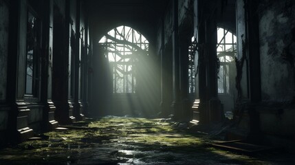 a creepy, abandoned asylum with broken windows and eerie shadows, - obrazy, fototapety, plakaty