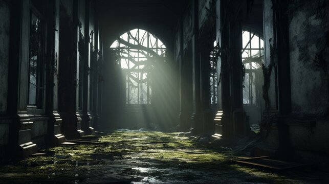 a creepy, abandoned asylum with broken windows and eerie shadows,
