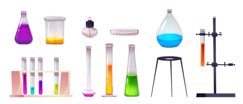 Cartoon laboratory beaker. Science chemistry lab flask vector glass equipment isolated on background. Scientific text container icon. Medicine object collection of bottle to measure liquid potion