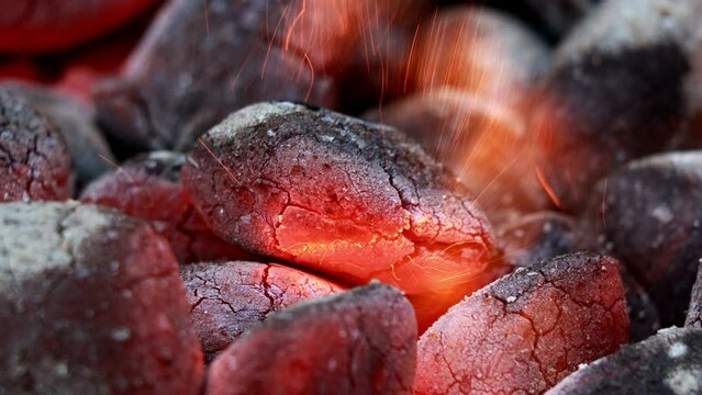 coals burning close up, Glowing Charcoal Briquettes, BBQ  
