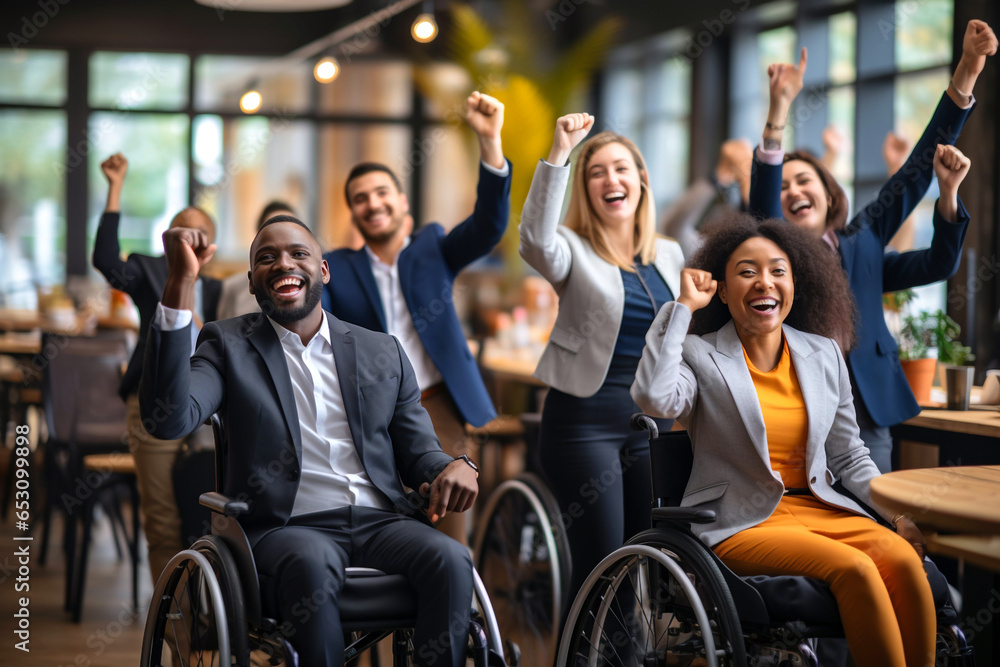 Wall mural Disabled multiracial businesswomen and businessmen with disability in wheelchair and her colleagues partners celebrating end of work team together on project. Teamwork in diverse office concept