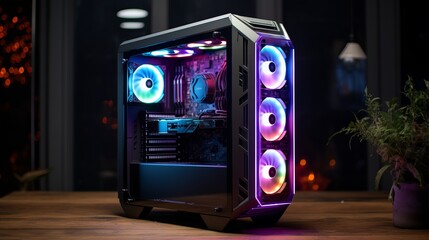 Fototapeta premium High-Performance Gaming Computer Illuminated by Vibrant RGB LED Lighting Setup