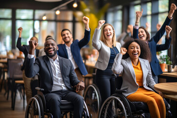 Disabled multiracial businesswomen and businessmen with disability in wheelchair and her colleagues partners celebrating end of work team together on project. Teamwork in diverse office concept - obrazy, fototapety, plakaty