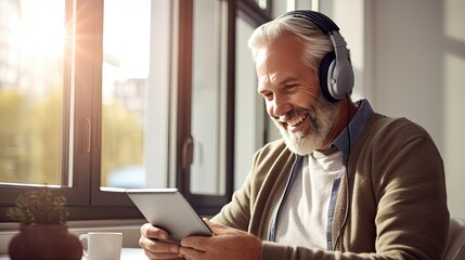 Senior man wearing headphones making a video call on a tablet - obrazy, fototapety, plakaty