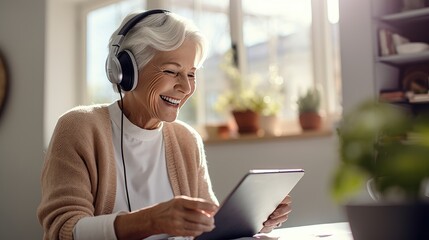 Senior man wearing headphones making a video call on a tablet - obrazy, fototapety, plakaty