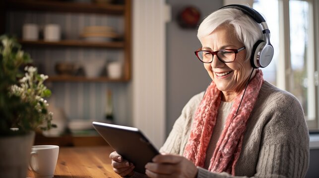 Senior woman wearing headphones making a video call on a tablet
