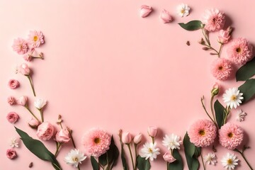 Banner with flowers on a light pink background. Greeting card template for Wedding, Mother's, or Women's Day with copy space