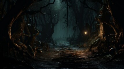 a shadowy, haunted forest path with glowing eyes peering from the darkness, - obrazy, fototapety, plakaty