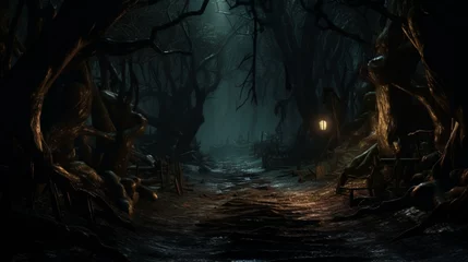 Poster a shadowy, haunted forest path with glowing eyes peering from the darkness, © JollyGrapher