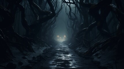 a shadowy, haunted forest path with glowing eyes peering from the darkness, - obrazy, fototapety, plakaty
