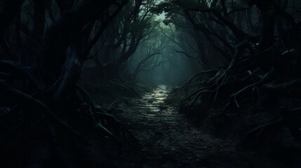 a shadowy, haunted forest path with eerie, glowing eyes peering from the underbrush, - obrazy, fototapety, plakaty