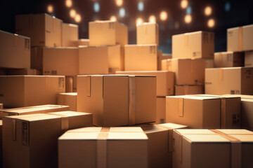 natural lighting of cardboard boxes neatly stacked waiting to moved  in background of minimalist house. Real estate concept for moving and purchasing. - obrazy, fototapety, plakaty