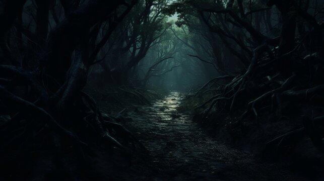 a shadowy, haunted forest path with eerie, glowing eyes peering from the underbrush,