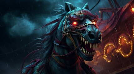 a sinister, haunted carnival with a creepy, grinning carousel horse, 