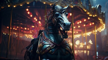 a sinister, haunted carnival with a creepy, grinning carousel horse,