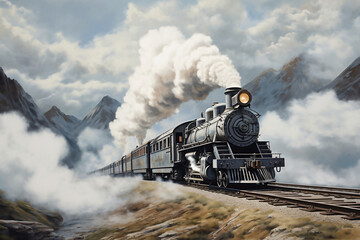A painting of a train on a train track. The locomotive moves among the mountains and beautiful nature along the rails. Smoke from the chimney of a retro train.