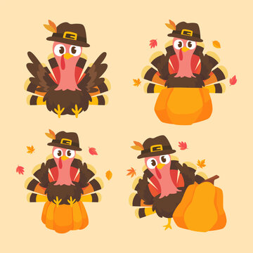 happy thanksgiving cartoon turkey cute and pumpkin in the autumn