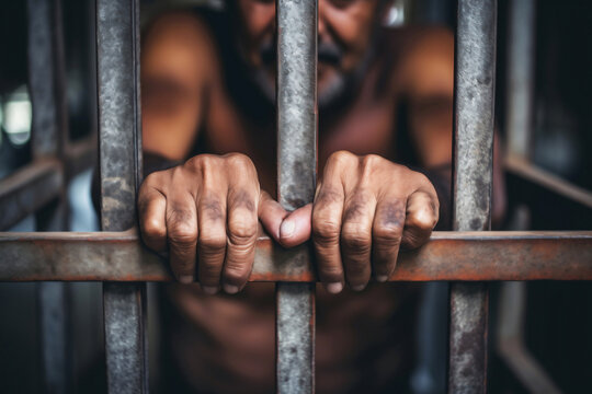 The male prisoner grabbed the prison bars with his hands. The pain and suffering of the prisoner. The inevitability of a judicial verdict. Hopelessness. The punishment of the criminal.