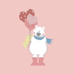 Obraz na płótnie Canvas cute and lovely white polar bear with heart balloon and flower, happy valentine's day, love concept, flat vector illustration cartoon character costume design