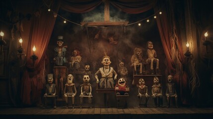 Fototapeta na wymiar a sinister, haunted puppet theater with marionettes moving on their own,