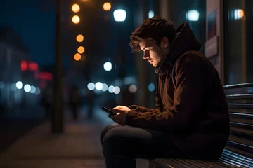 Fototapeten Student waiting the bus while using smartphone at a bus stop at night © AspctStyle