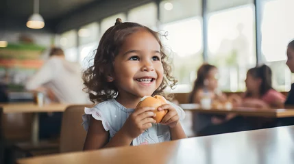 Poster Happy little girl having lunch in an outdoor restaurant © AspctStyle