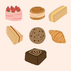set of kinds of sweets. Cookies, bread and pastry vector clip art