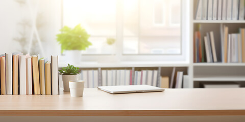 White table with books over a blurred modern white study room in the background.