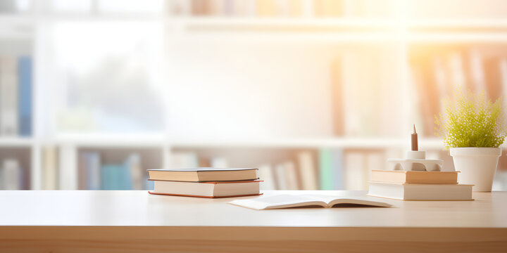 White Table With Books Over A Blurred Modern White Living Room In The Background.