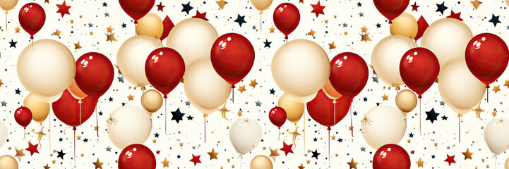 Seamless. A wide-format festive background image featuring red and white balloons, along with stars against a white background, creating a celebratory atmosphere. Illustration