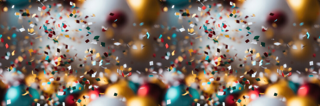 Seamless. A wide-format background image featuring confetti against a blurred background, perfect for adding a sense of celebration and excitement. Photorealistic illustration