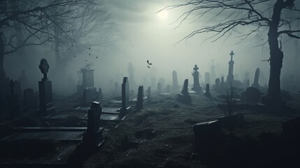 a spooky, fog-covered graveyard with tombstones and a ghostly mist rolling in, 