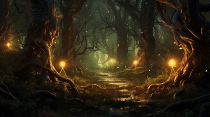 a spooky forest with twisted trees and glowing, hovering fireflies,